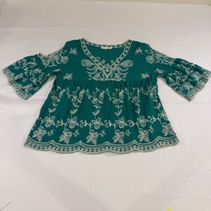 Solitaire Boho Embroidered Floral Green L Tunic Top Shirt Peasant Bell Sleeve